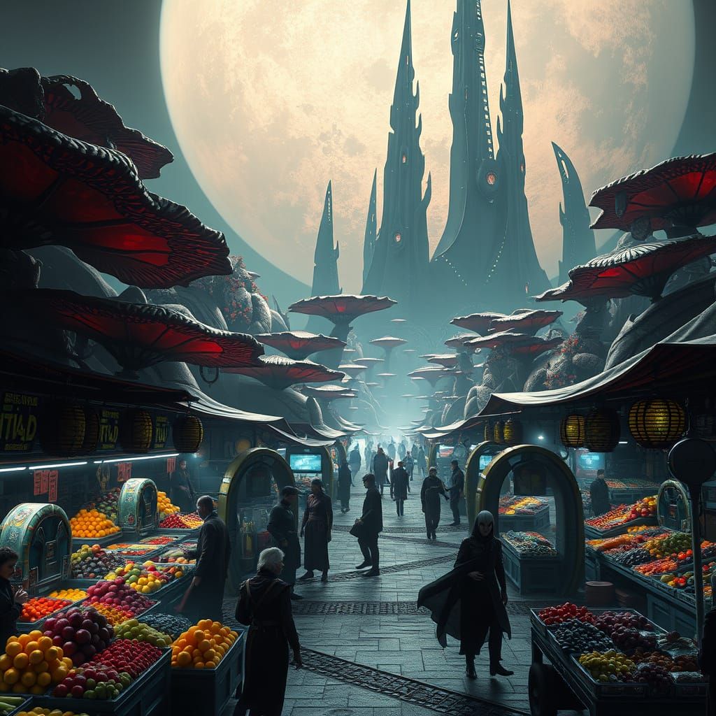 Highly creative. A bustling marketplace on a gas giant's moo...