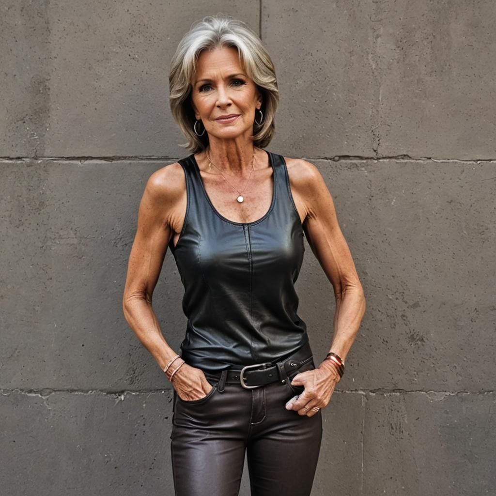 Older Woman in Tank Top and Leather Jeans