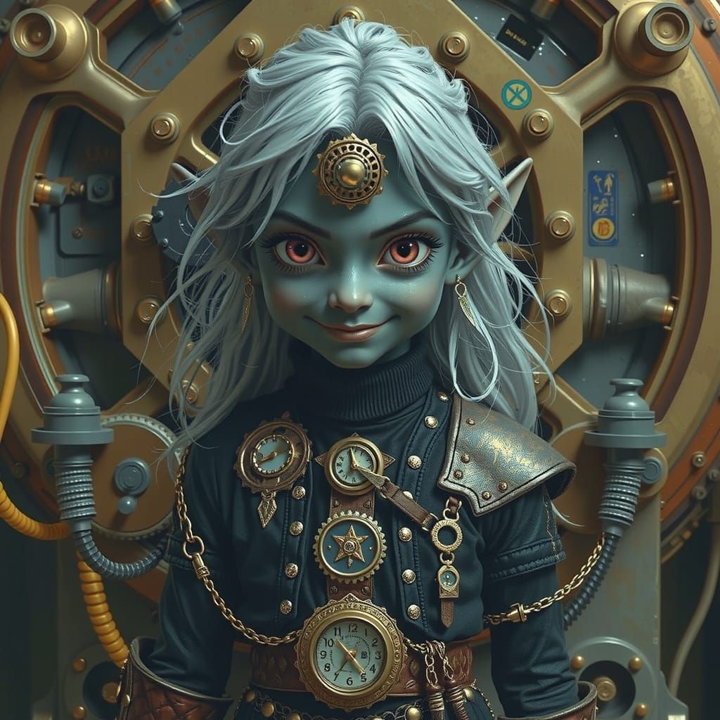 Mischievous Drow Elf in Steampunk Engine Room