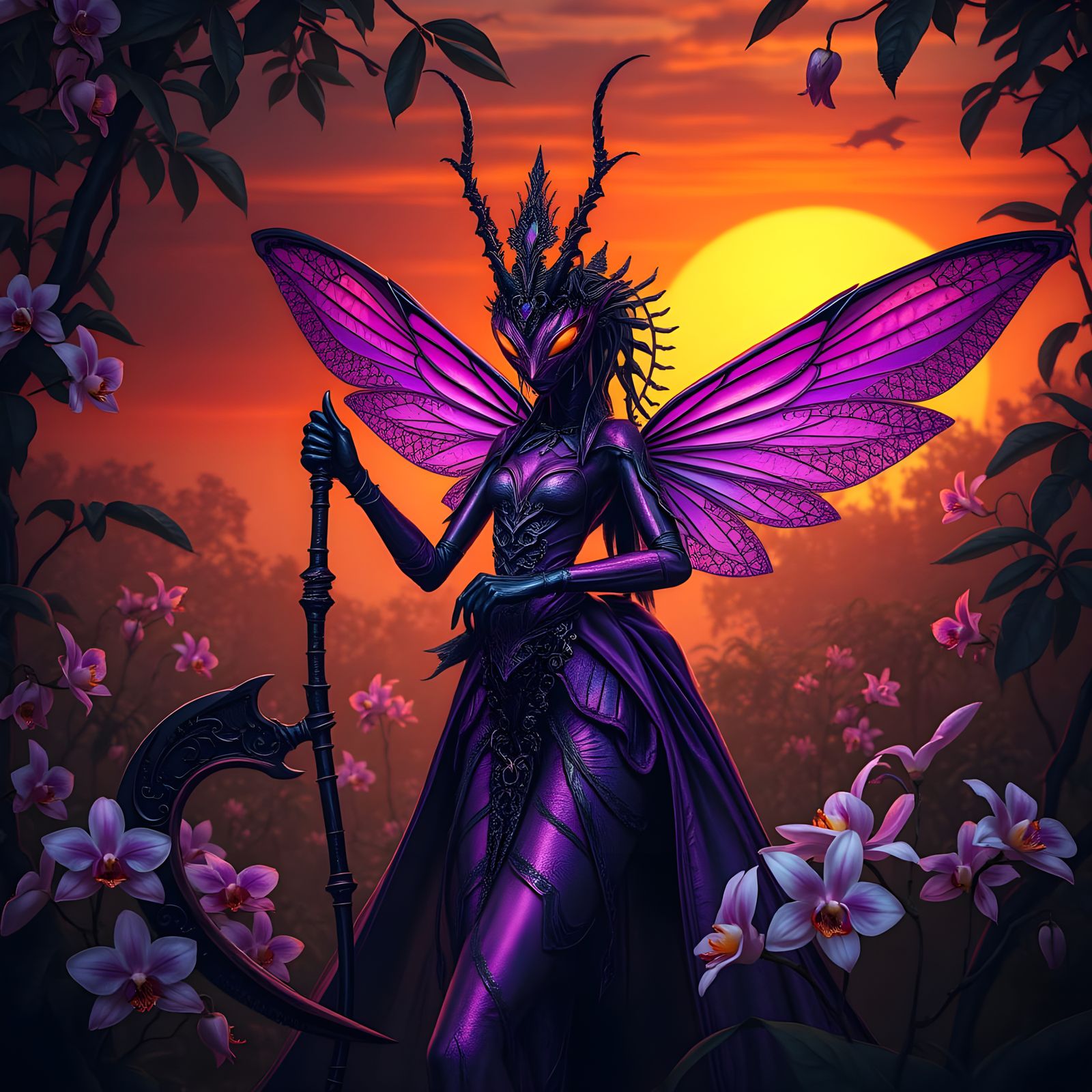 Mystical Flower-Mantis Queen in Violet and Black Armor