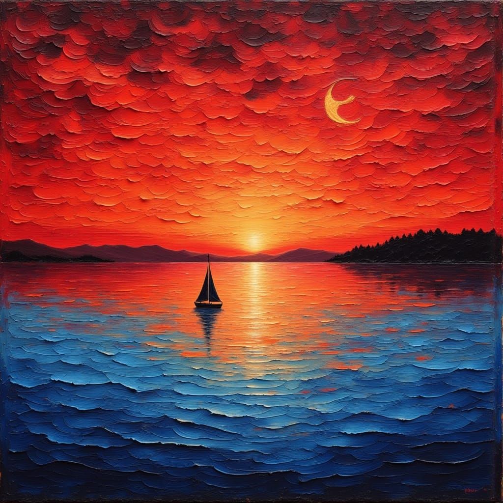 Van Gogh Style Sunset Over Calm Ocean with Sailboat
