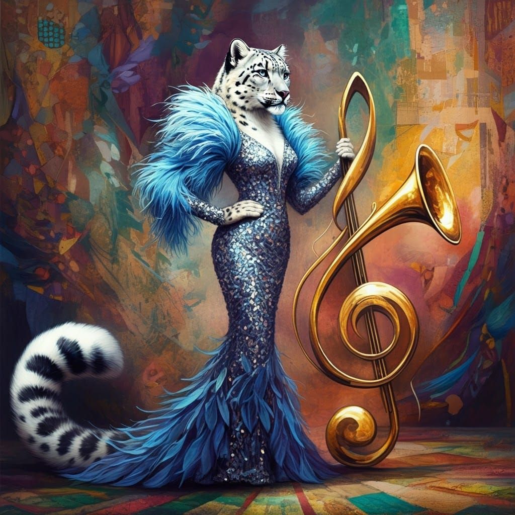 Snow Leopard Jazz Singer in Abstract Expressionist Style