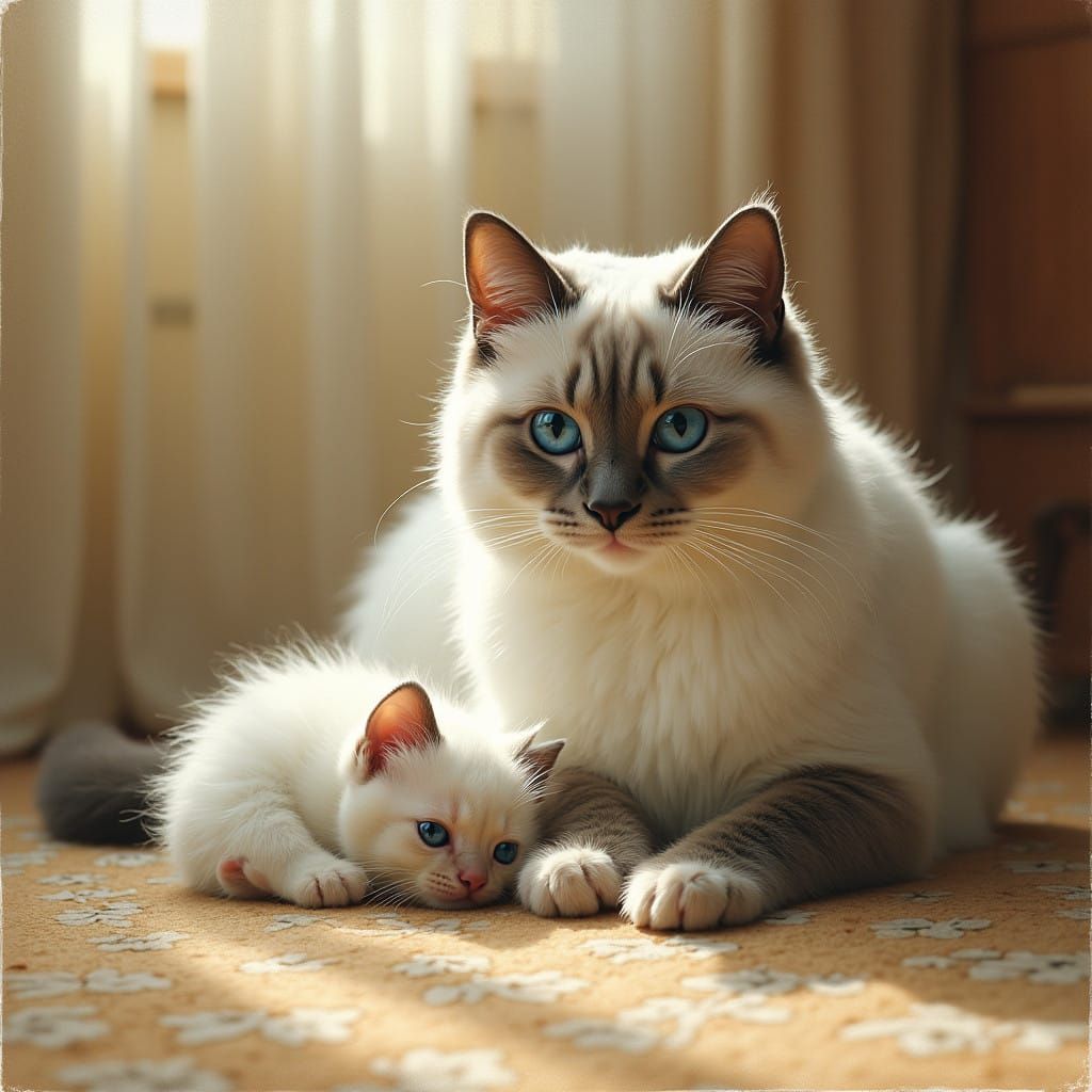 Mother Cat Sits Elegant on Beige Carpet with Newborn Kitten