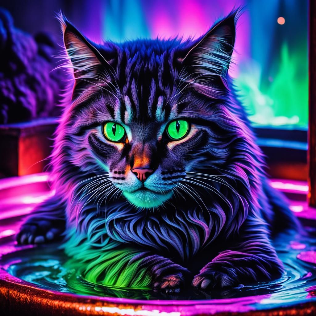 Hyperrealistic Cat in Jacuzzi with Fireplace