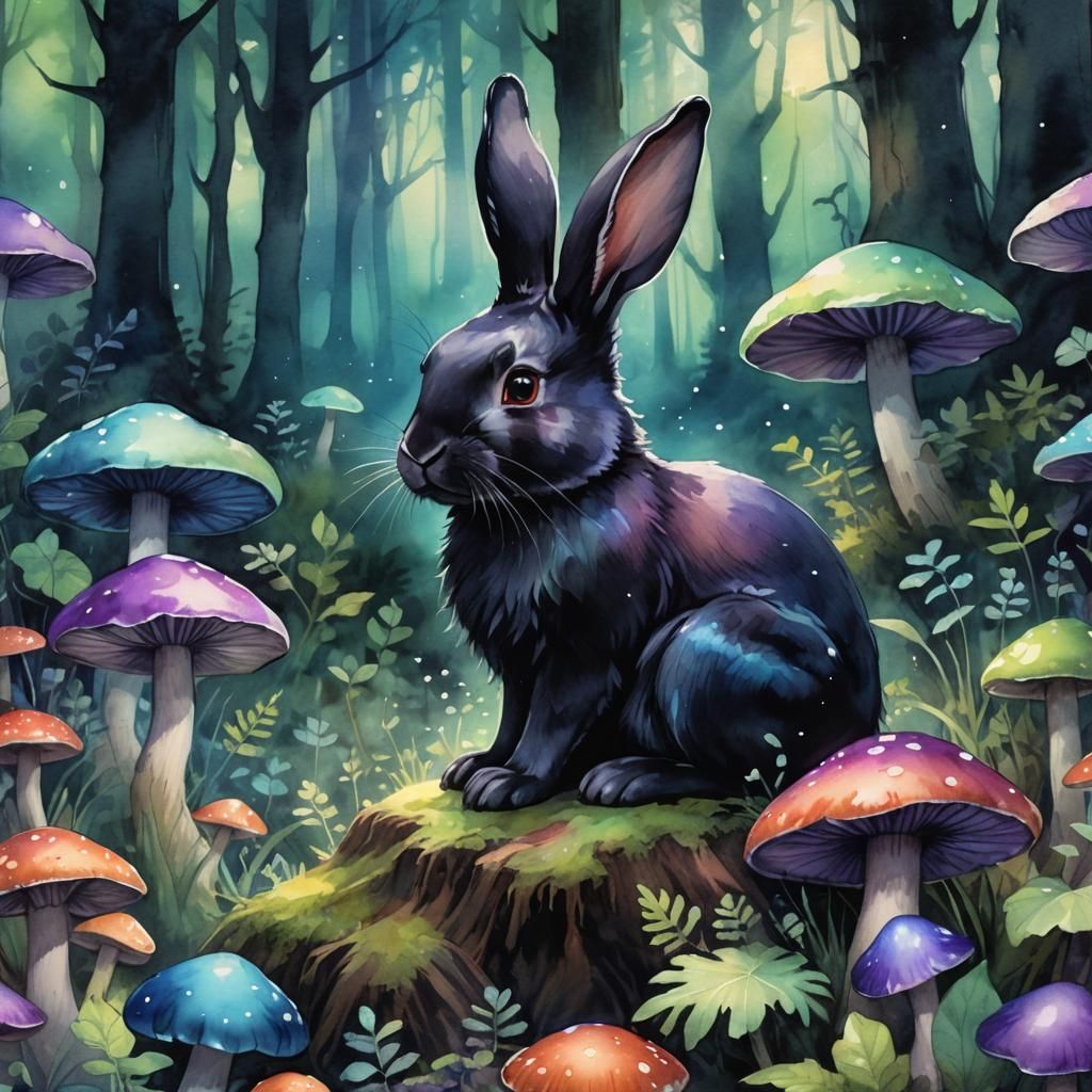 Black Bunny on Glowing Mushroom, Watercolor Digital Art