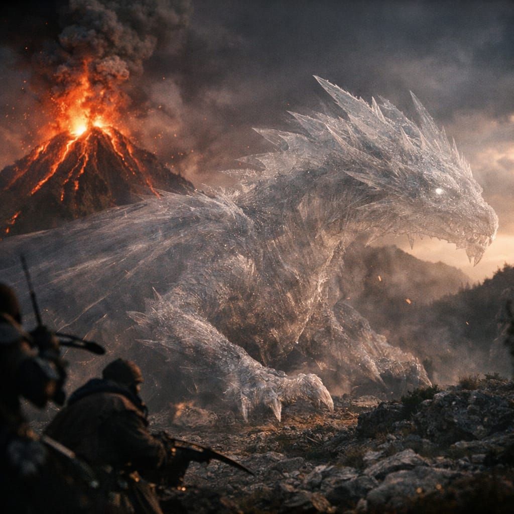 Giant Invisible Dragon Hiding from Hunters Near Volcano