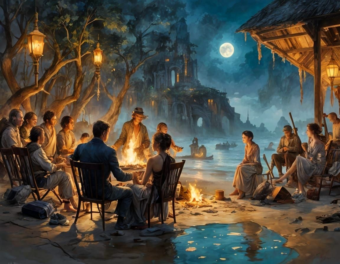 Beach Campfire Guitar Serenade: Fantasy Watercolor Art