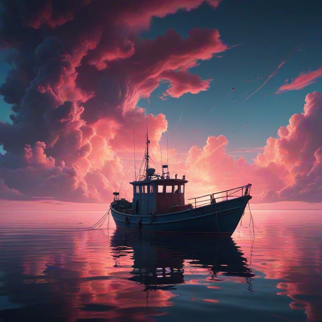 Synthwave Fishing Boat Under Bioluminescent Skies
