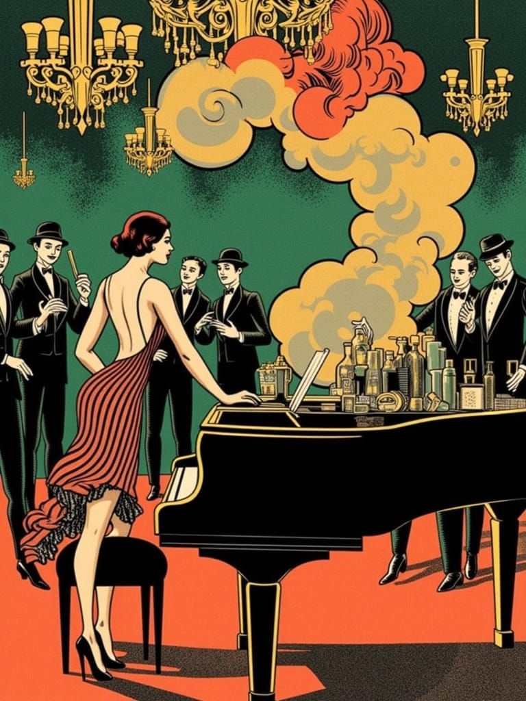 Roaring 1920s Parisian Soiree in Surrealist Style