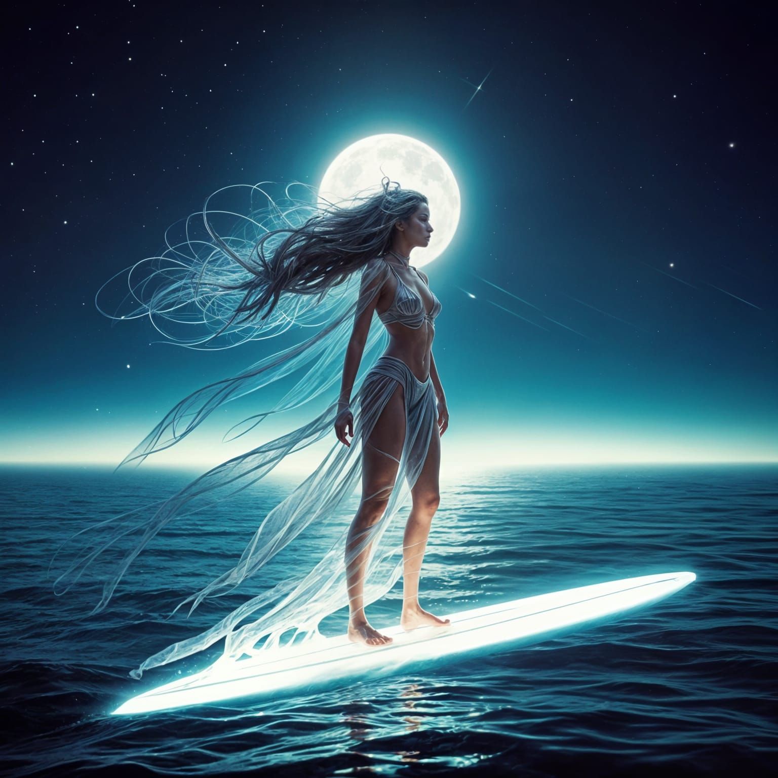 Mystical Surfing Goddess in a Dreamlike Digital Painting