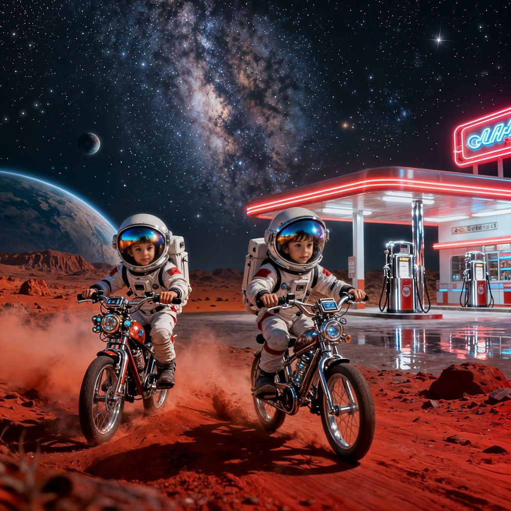 Astronaut Kids Bike Race on Mars Under Cosmic Sky