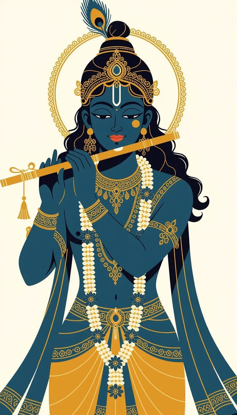 Krishna Playing Flute with Gold Accents