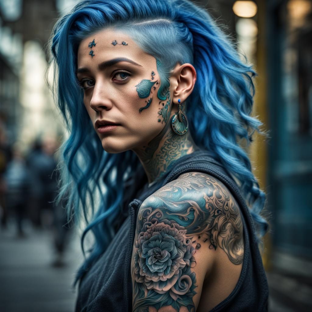 Hyperrealistic Blue-Haired Woman with Tattoos