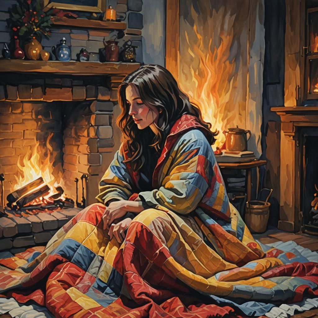Brunette Woman by Fireplace: Gouache Impressionist Masterpie...