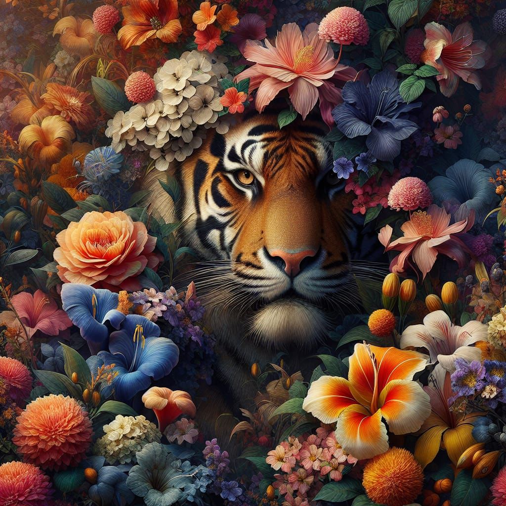 Tiger Hidden in Exotic Flowers, Matte Painting