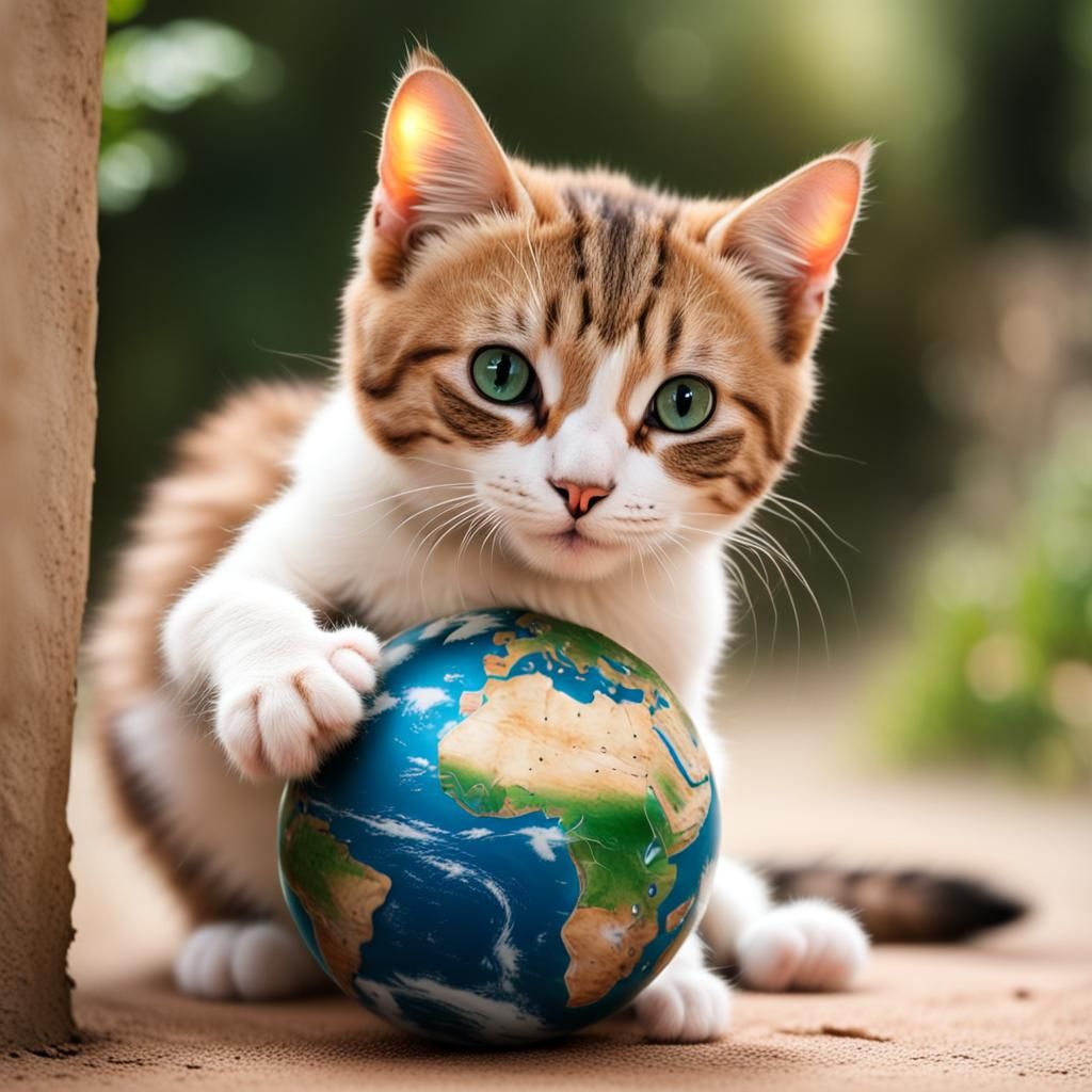 Cute Cat Plays with Earth as a Ball