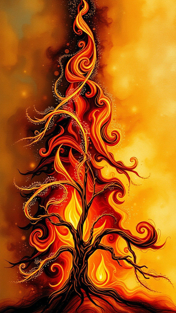 Fiery Christmas Tree in Abstract Surrealist Style