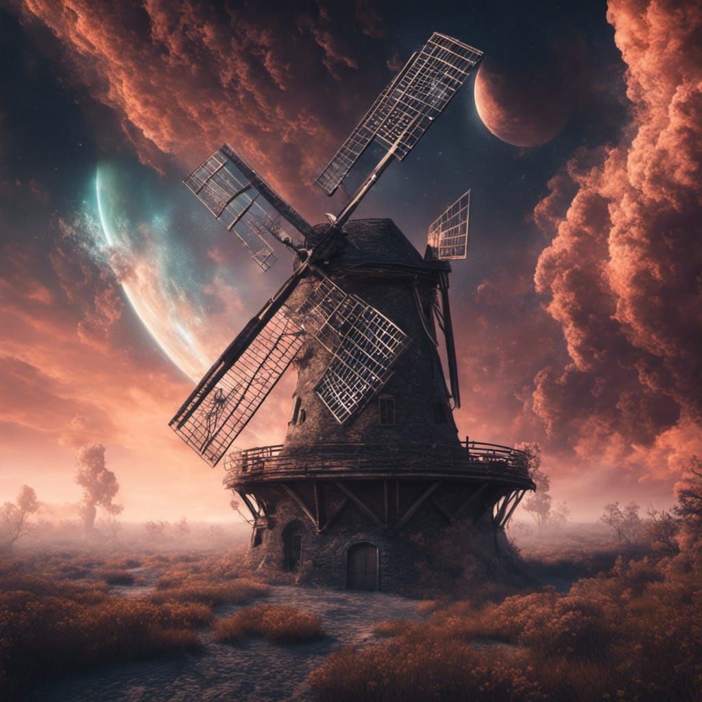 Windmill Propels Earth Through Space in Fantasy Art
