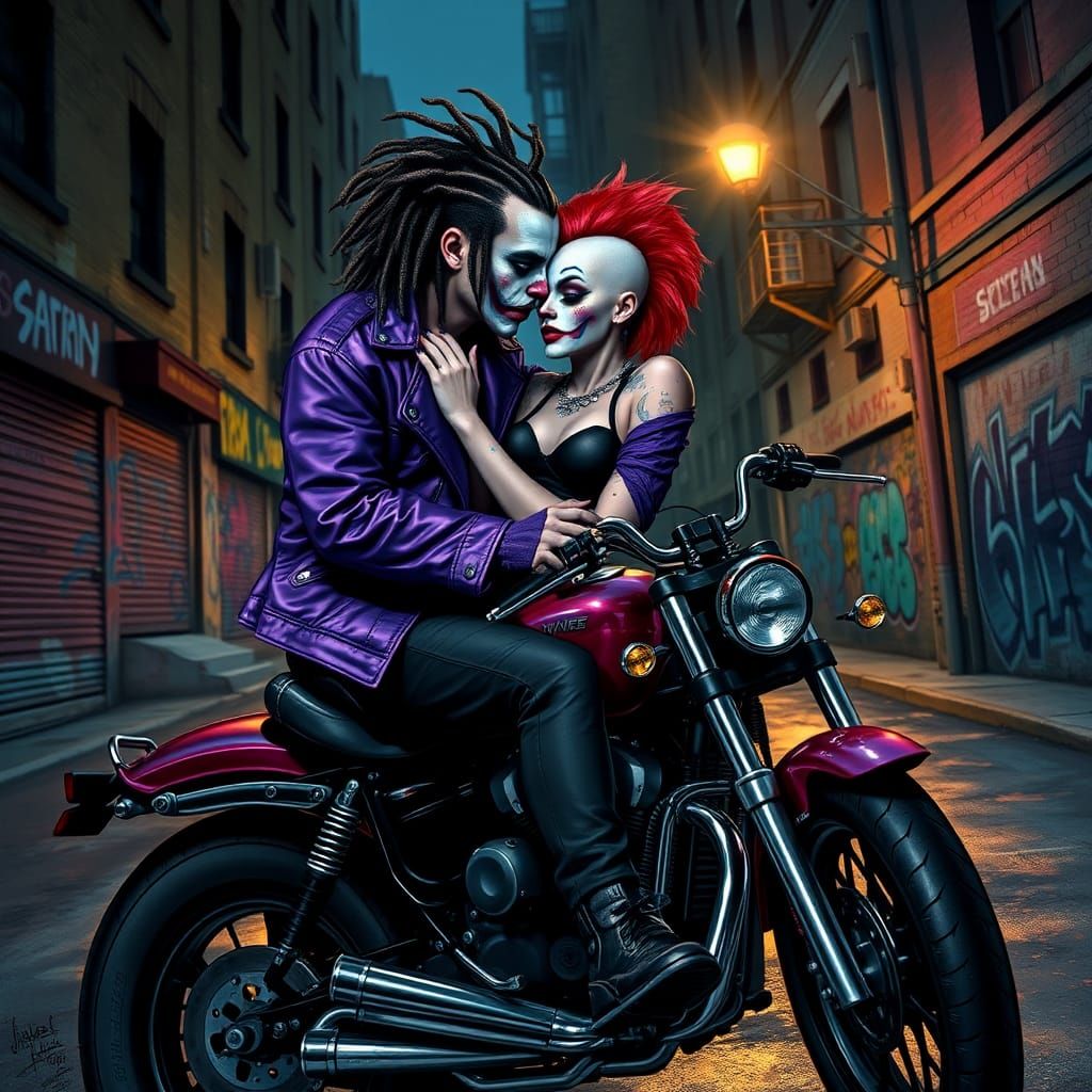 Clown Punks Embrace in Gotham Nightscape