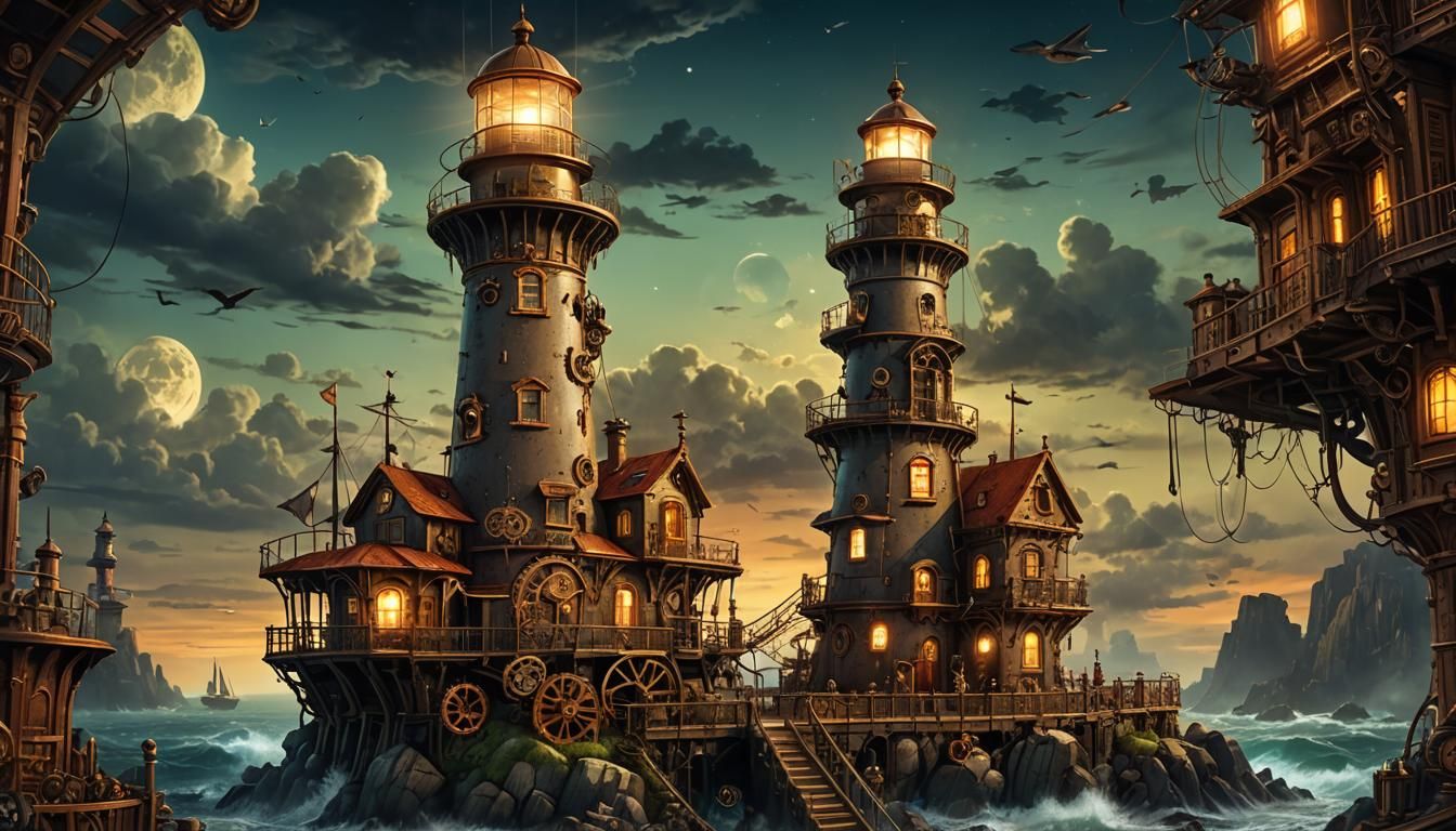 Steampunk Lighthouse at Night: Digital Illustration