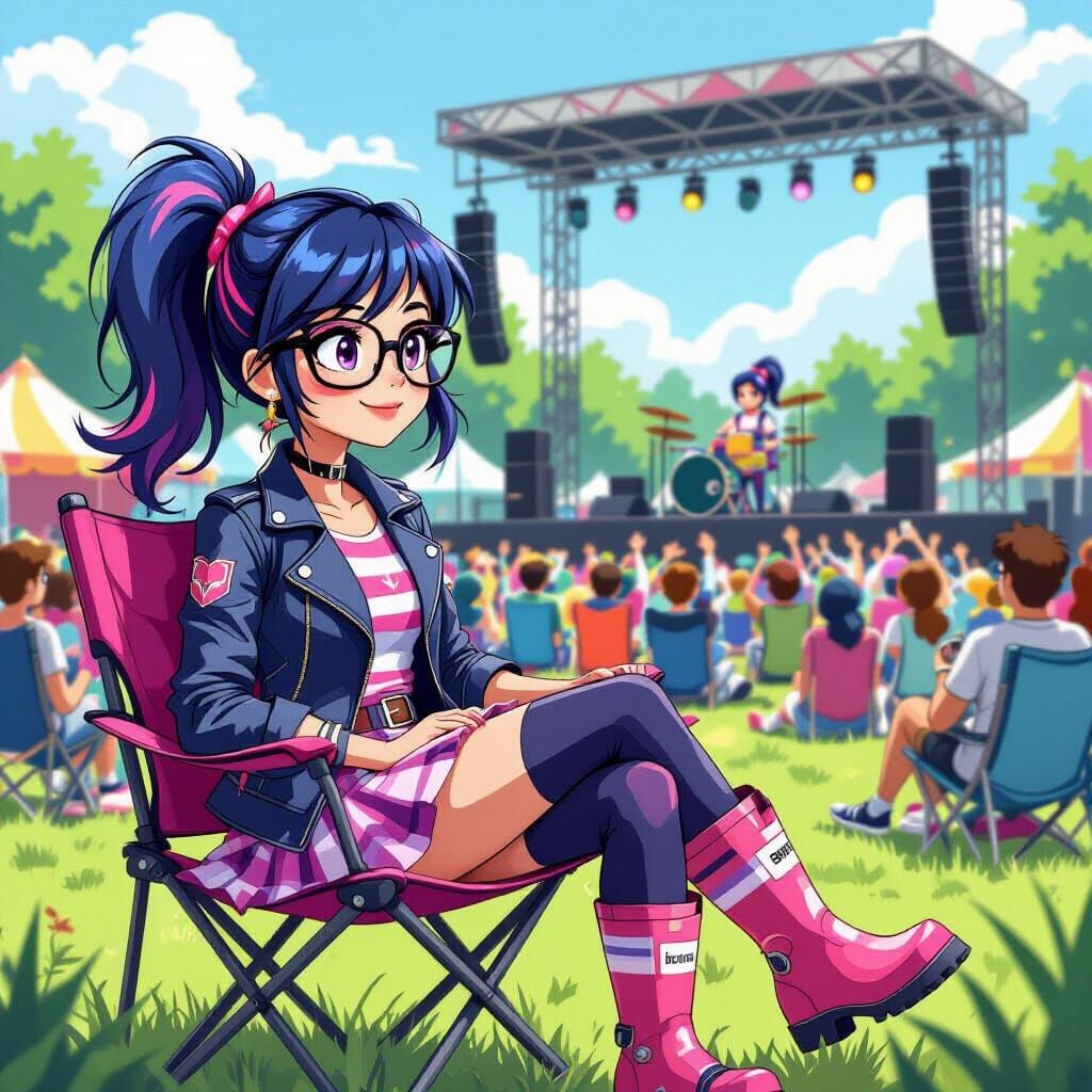 Cartoon Girl at Music Festival in Whimsical Style