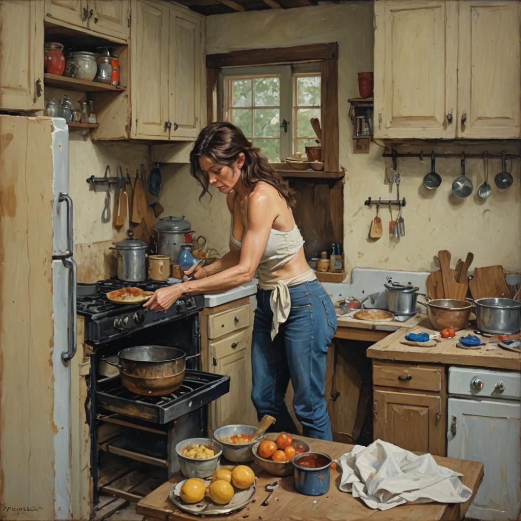 Woman Cooking: Realist Oil Painting