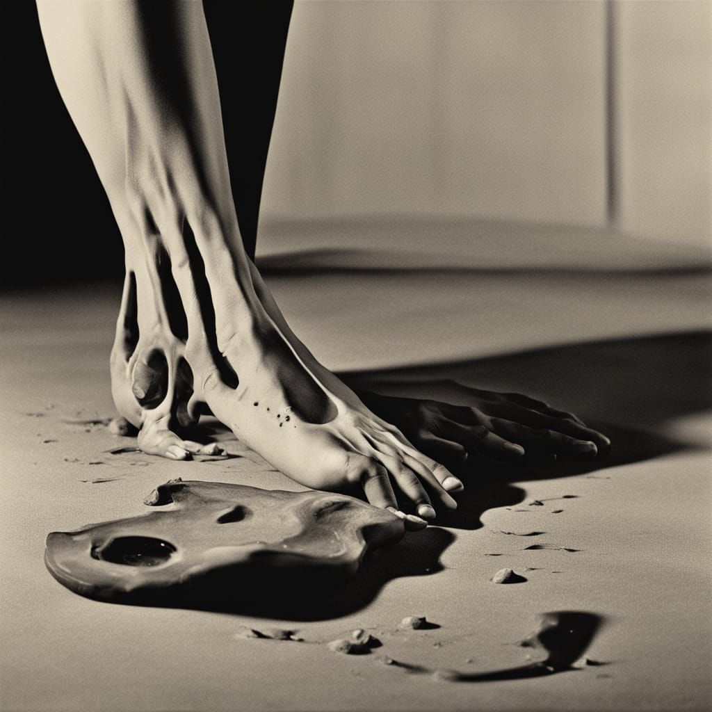 Surreal Melting Legs in Desolate Landscape