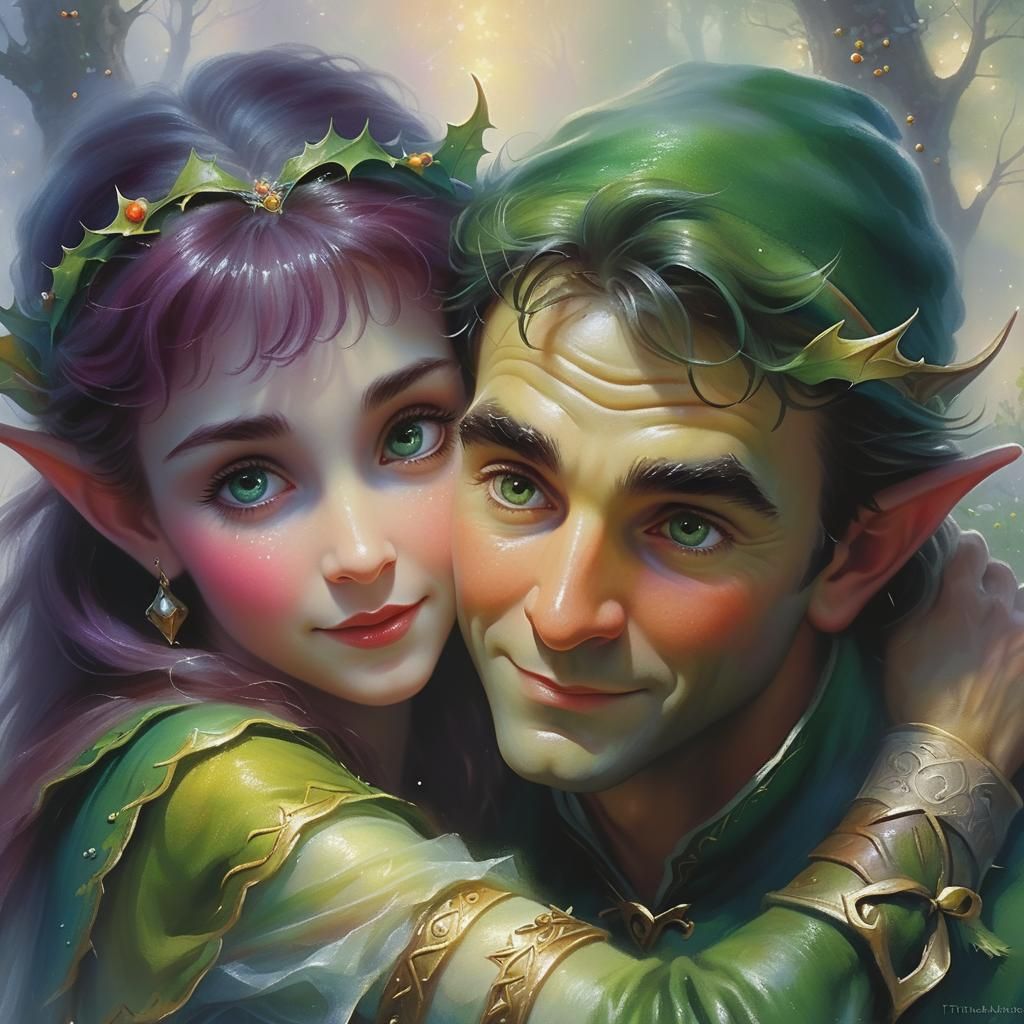 Ethereal Elves Embrace in Misty Fantasy Landscape