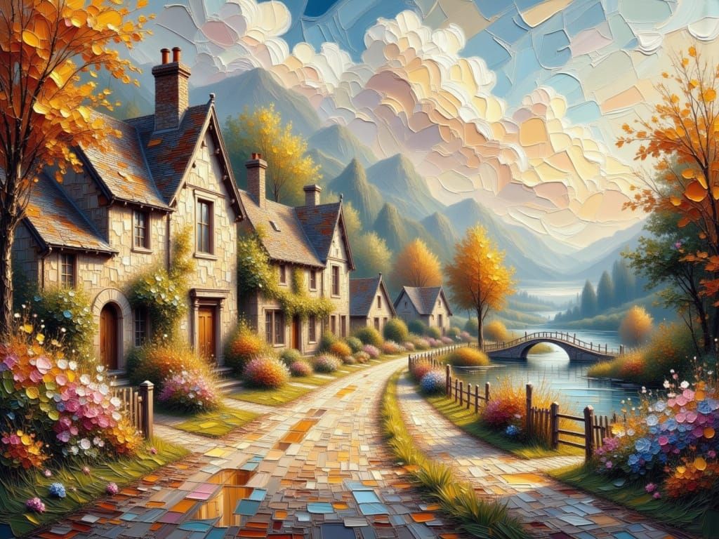 Impasto Painting of Quaint Village Lake at Golden Hour