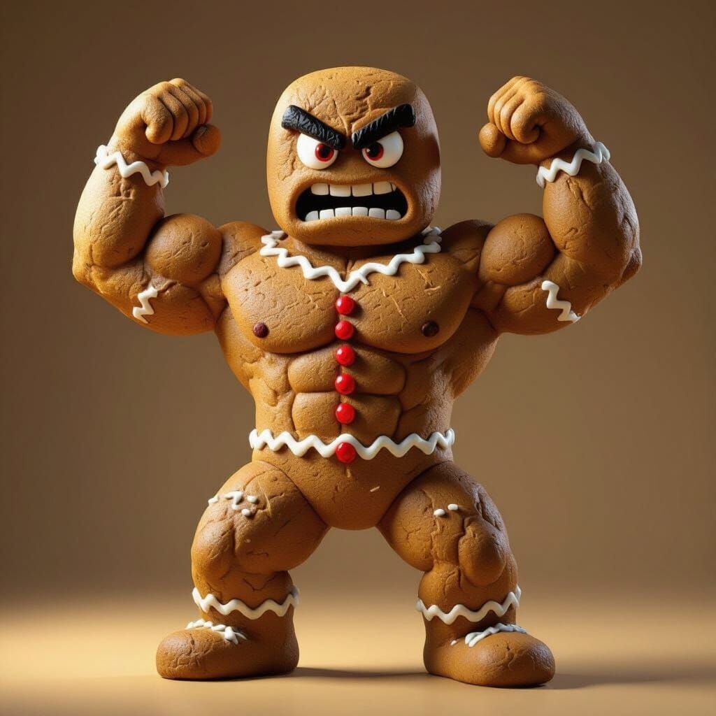 Muscular Gingerbread Man Flexing Biceps in Hyperrealistic St...
