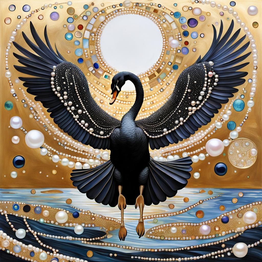Black Swan in Flight: Klimt-Inspired Pearl Art