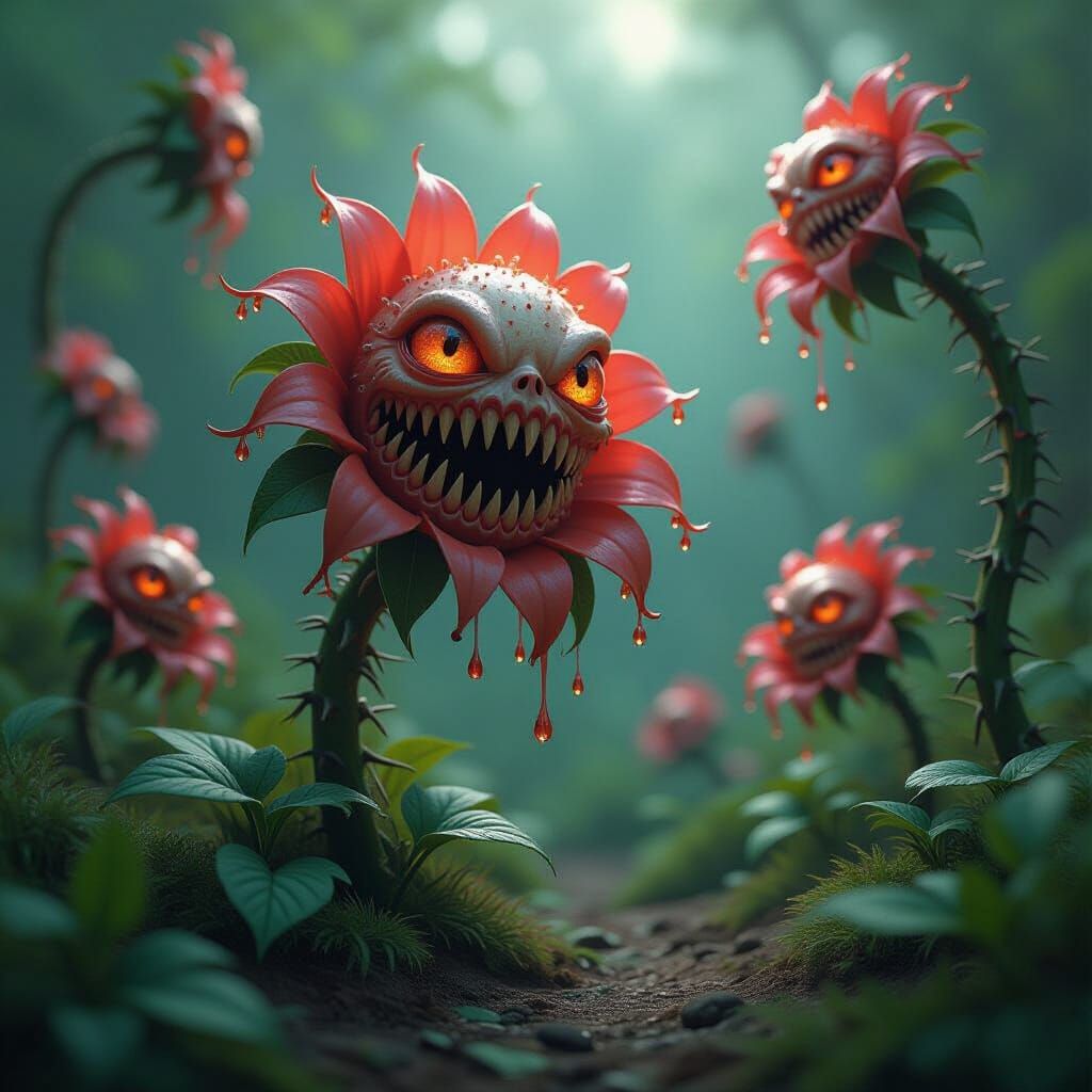Surreal Garden with Sentient Flowers, Matte Painting