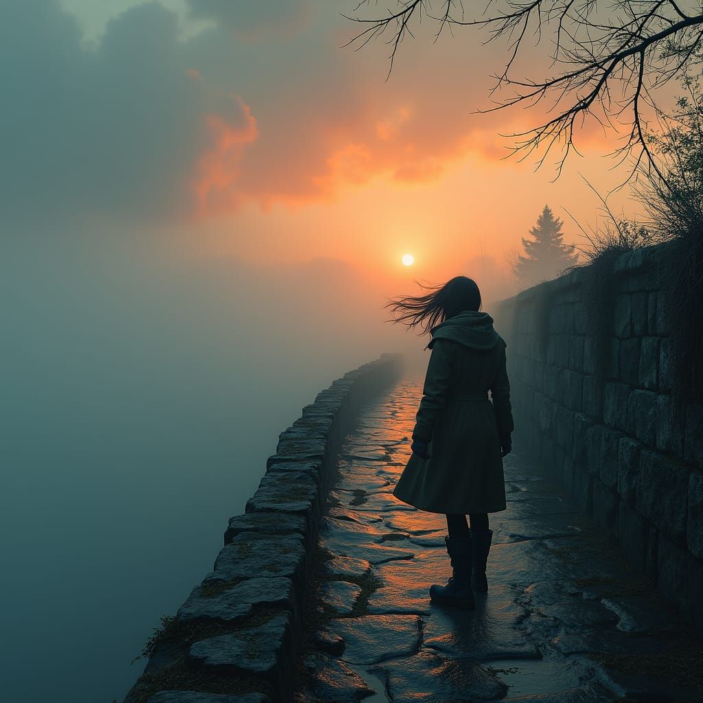 Windswept Girl on Stone Bridge at Sunset