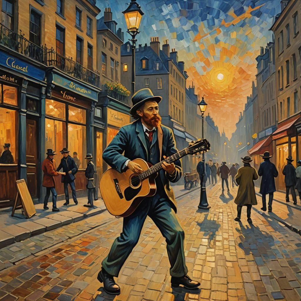 Expressionist Painting: Guitarist Dancing in Old London