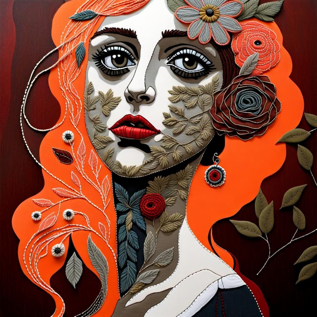 Whimsical Portrait in Textile Art Style