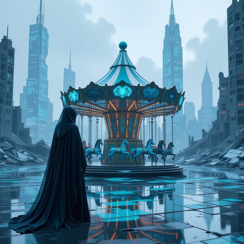 Carousel Amidst Ruins in Retro-Futuristic Style