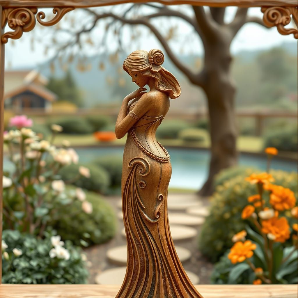 Elegant Wooden Woman Statue in Art Nouveau Style