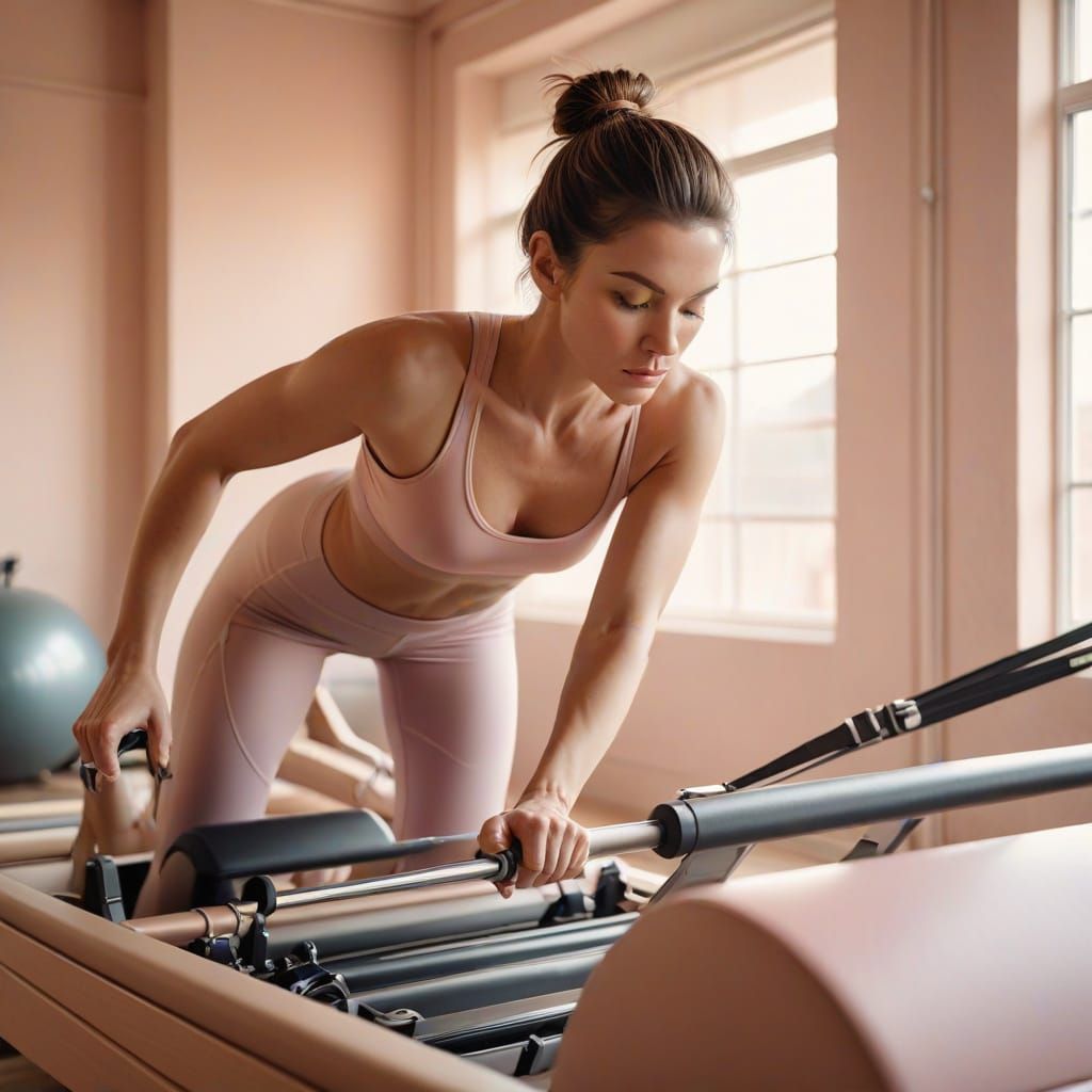 Elegant Woman Pilates Workout in Pastel Studio