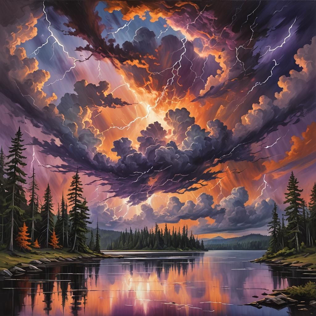 Lakeside Serenity Under Dramatic Sky in Oils