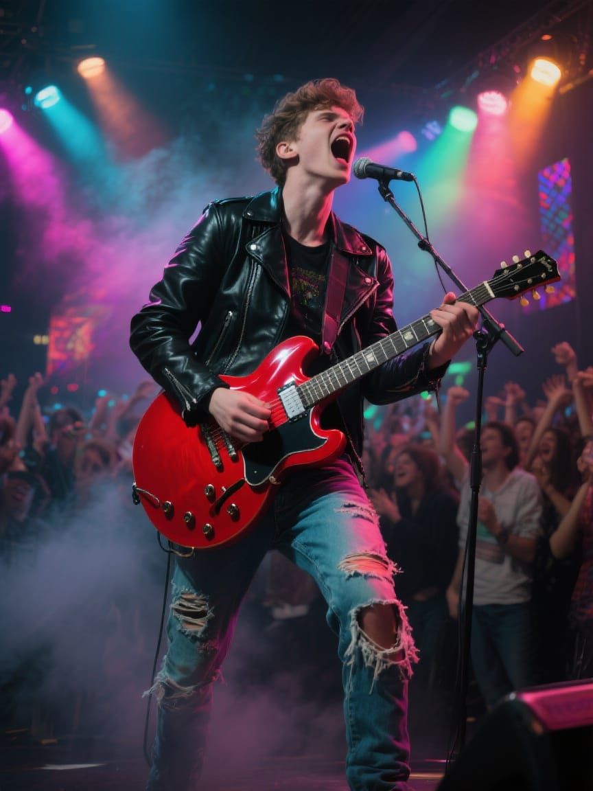 Passionate Musician Rocks Out on Stage in Photorealistic Sty...