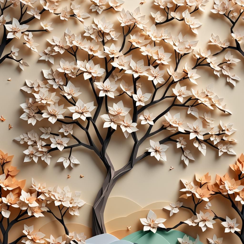 Seasonal Almond Tree in Papercraft Style