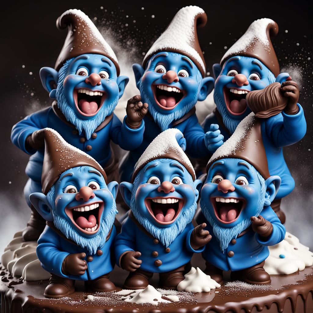 A group of little funny crazy dwarfs laughing uncontrollably