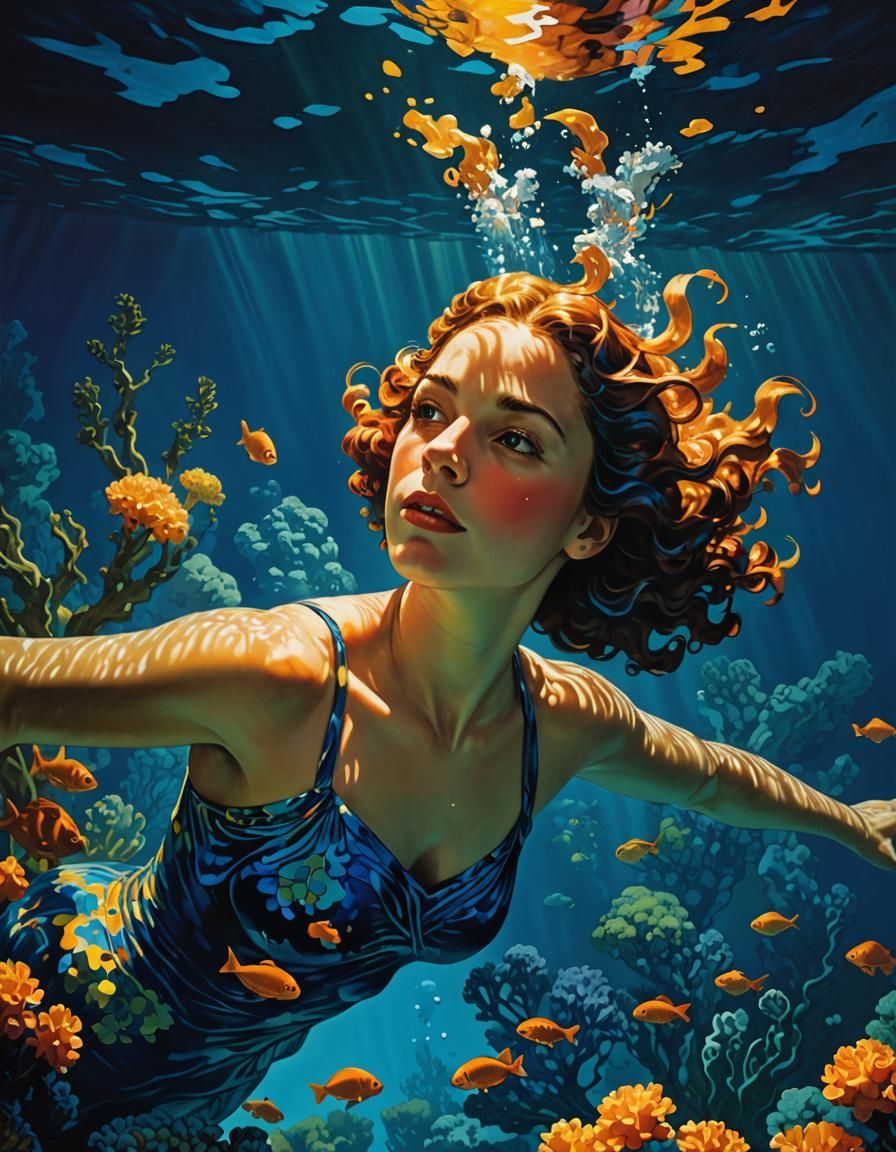 Underwater Woman Portrait in Parrish Style