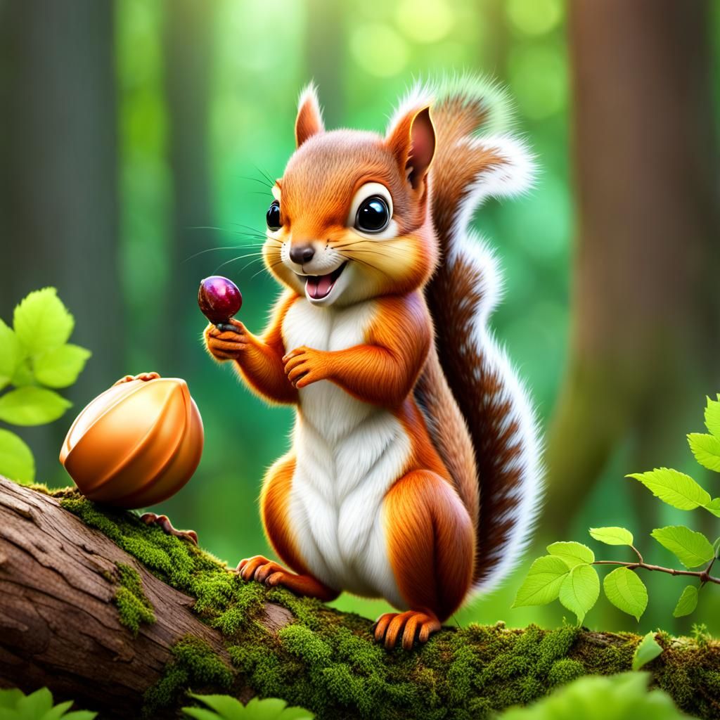Cute Squirrel with Nut: 3D Digital Art
