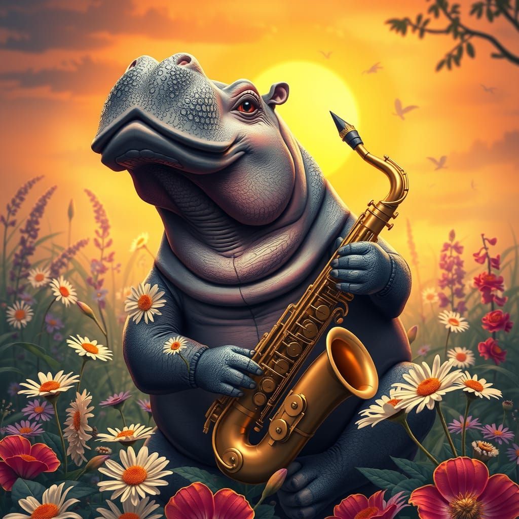 hippy hippo sitting on his haunches with daisy tattoes in th...