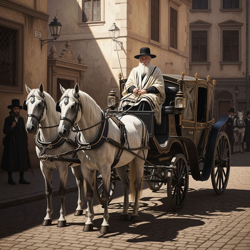 Rebbe of Sanz on Ornate Carriage in European Town