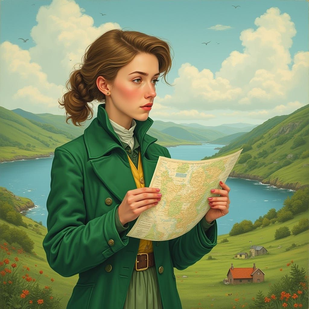 Puzzled Woman in Emerald Isle Landscape