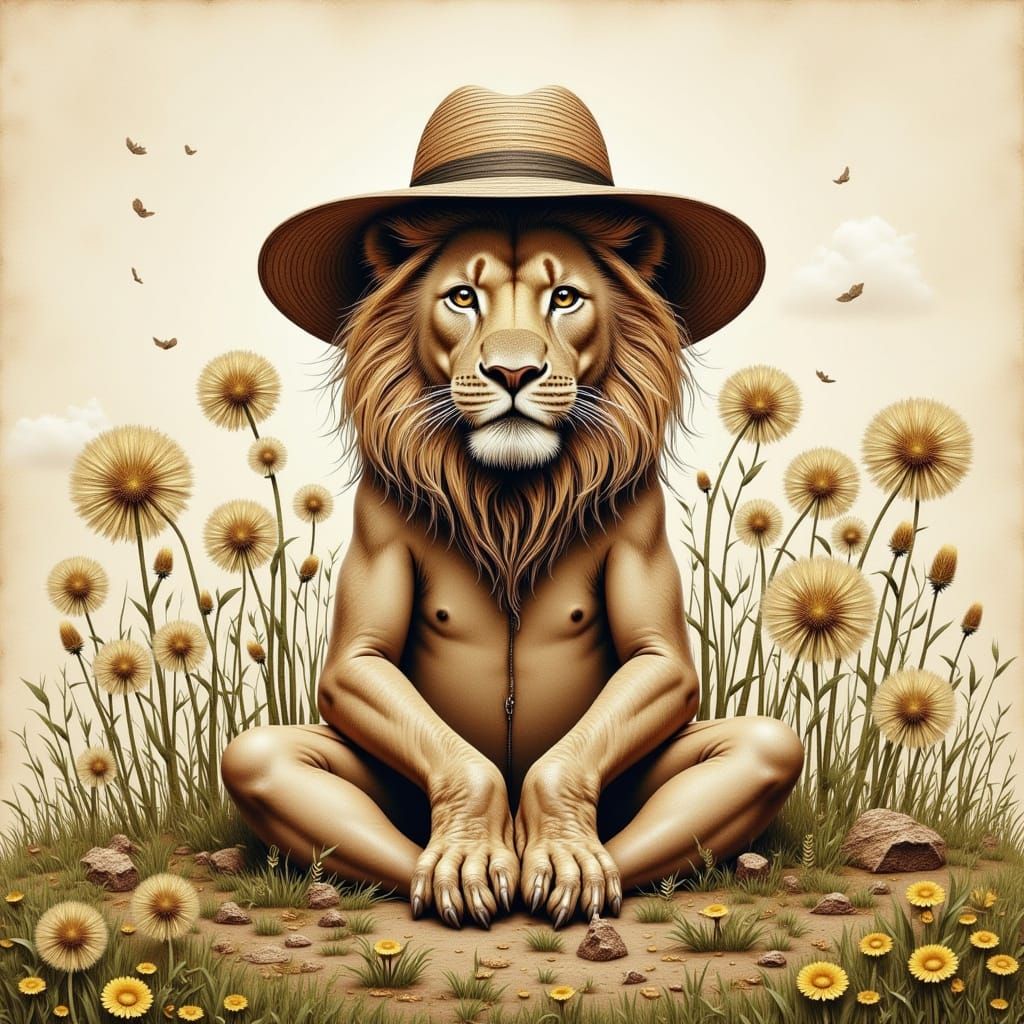 Whimsical Lion Contemplates Life in a Field of Dandelions