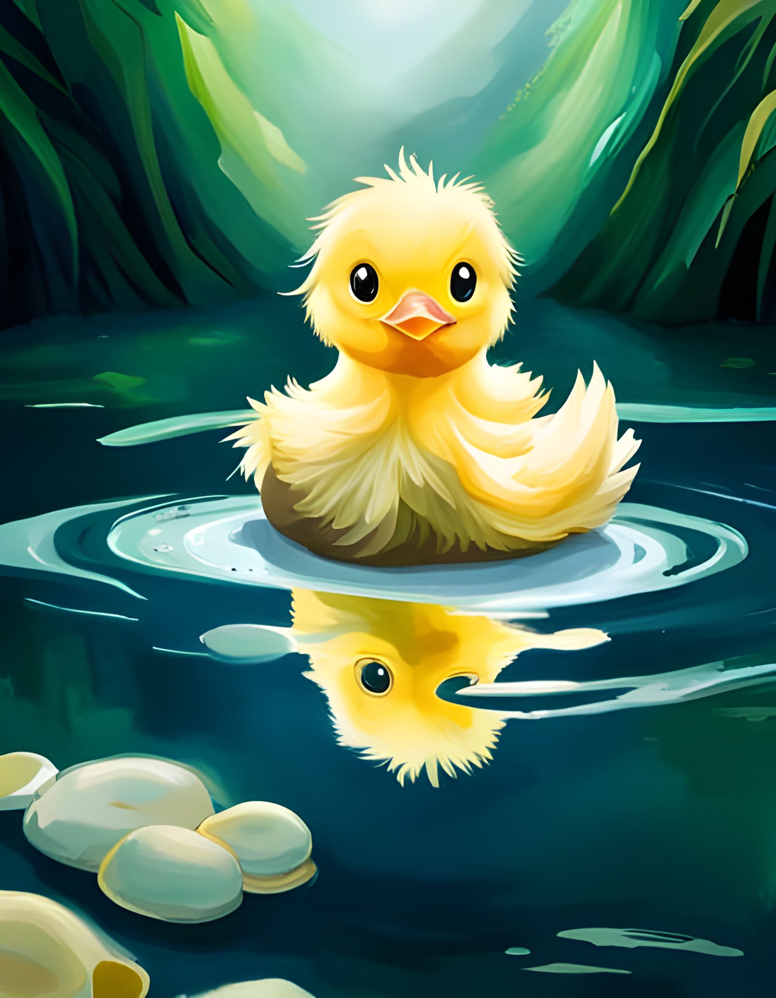 Chibi Duckling in Swimming Pool: Digital Watercolor Art