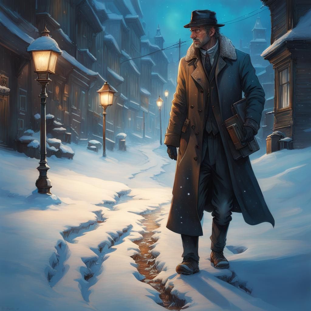 Detective Follows Footprints in Snowy Sunset: Photorealistic